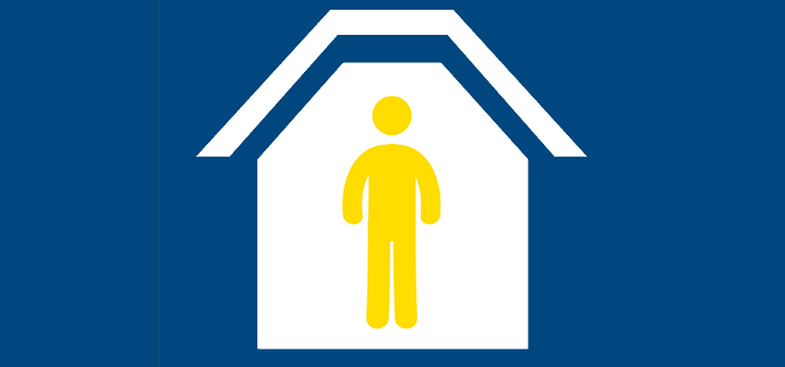 Shelter in place icon, white house with yellow person inside on blue background